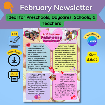Preview of February School Newsletter, Valentine's Day Themed Newsletter Template Editable