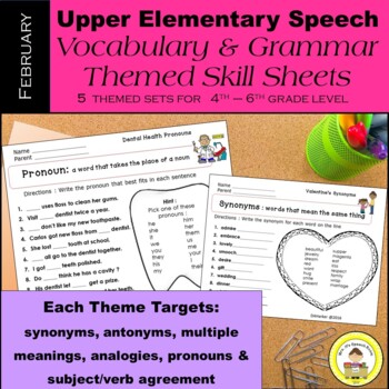 Preview of February Speech Therapy Upper Elementary Vocab & Grammar Worksheets