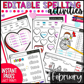 Preview of Valentine's Day Editable Spelling Worksheets February Word Work Activities