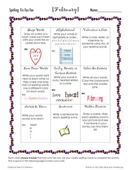 Preview of February Spelling Tic-Tac-Toe Homework Choices