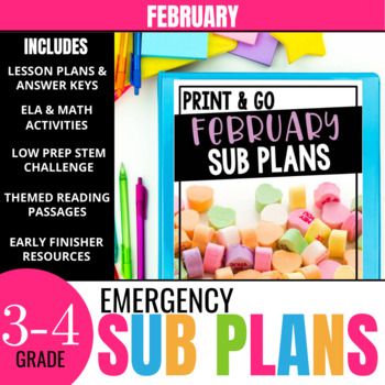 Preview of February Sub Plans for 3rd-4th Grade: Ready-to-go lesson plans & activities