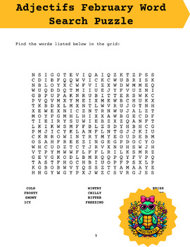 Preview of February-Themed Adjectives Word Search Puzzle Adventure - 20 Pages with Solution