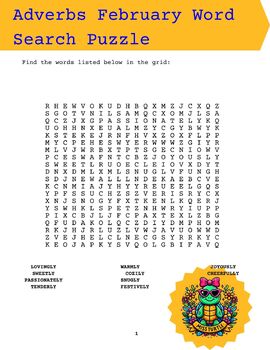 Preview of February-Themed Adverbs Word Search Puzzle Adventure - 20 Pages with Solutions”