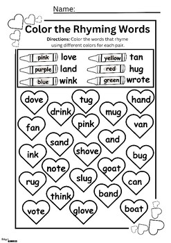 February Themed Identify Rhyming Words Worksheets by Riley's Resources