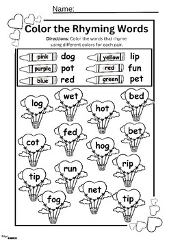 February Themed Identify Rhyming Words Worksheets by Riley's Resources