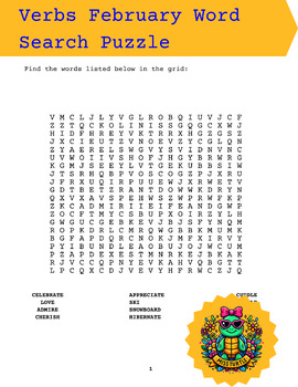 Preview of February-Themed Verbs Word Search Puzzle Adventure - 20 Pages with Solutions