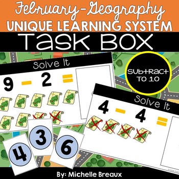 Preview of February Unique Learning System Task Box- Subtraction to 10 (SPED, Autism)