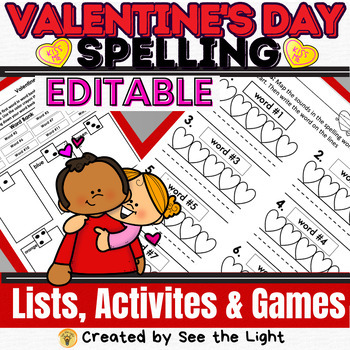 Preview of Valentine Editable Spelling Differentiated Lists and Activities K-5 for February