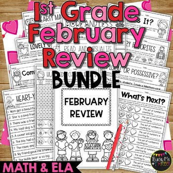 Preview of February Valentine's Day Activities Math and ELA Review BUNDLE 1st Grade No Prep