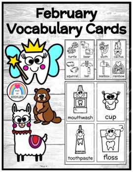 Preview of February Vocabulary Cards: Hibernation (Groundhogs), Valentines, Teeth - Label