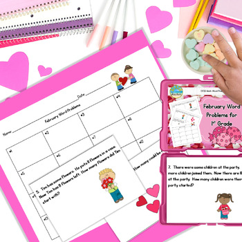 Preview of Valentine's Day Addition & Subtraction Word Problems for 1st Grade Task Cards