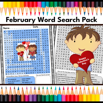 Preview of February Word Search & Coloring Pages Activity Pack (Morning Work or Sub Plans)