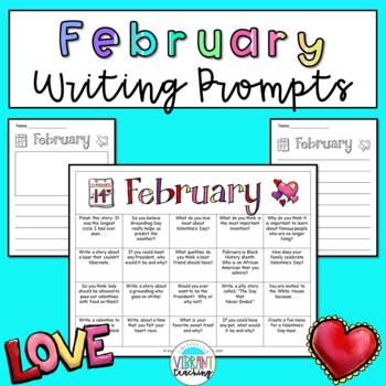 February Writing Prompt Calendar and Paper by Vibrant Teaching- Angela ...