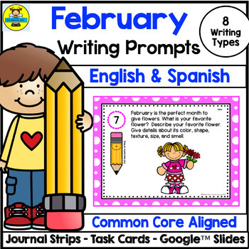 Preview of February Writing Prompts English & Spanish - Task Cards Journal Strips & Digital