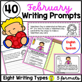Preview of February Writing Prompts Bundle in English & Spanish - Full Pages & Task Cards