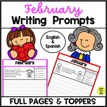 Preview of February Writing Prompts & Page Toppers in English & Spanish - Full Pages