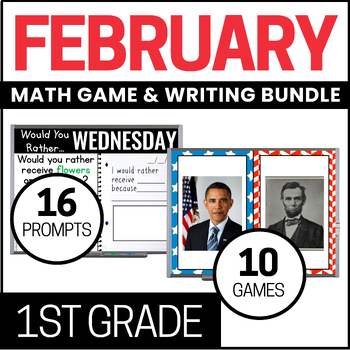 Preview of February Writing Prompts and February Math Games - 1st Grade Bundle