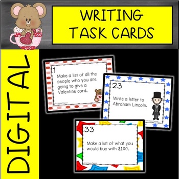 Preview of DIGITAL &  Paper February Writing Task Cards (Valentine, President & 100 Days)