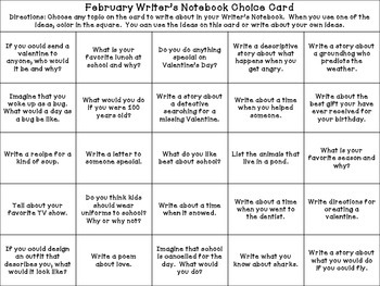 Feburary Writer's Choice Board / Calendar Prompts for Writer's Notebook