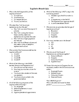 Legislative Branch Quiz Worksheets Teaching Resources Tpt