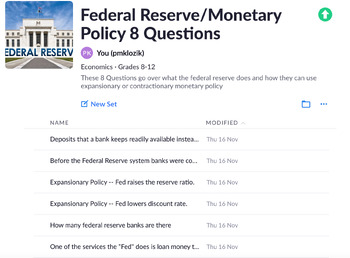 Preview of Federal Reserve/Monetary Policy 8 Questions Plickers/Exit Ticket