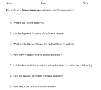 Preview of Federal Reserve Webquest