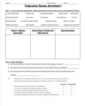 Preview of Federalism Review Worksheet KEY INCLUDED!