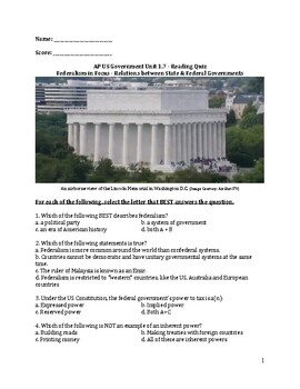 Preview of AP® US Government Unit 1.7 - Federalism in Focus Reading Quiz