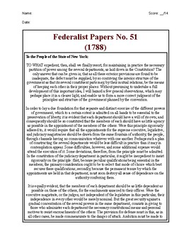 Preview of Federalist 51 Study Guide: Exploring Madison's Vision