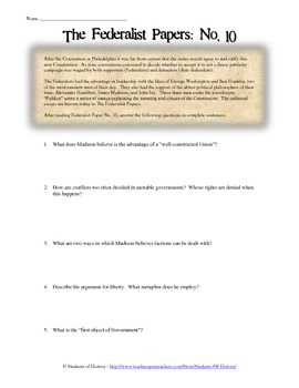 Preview of Federalist Papers 10 and 51 Analysis Worksheets