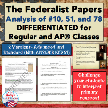 Preview of Federalist Papers: Analysis of #10, 51, and 78 (Differentiated)