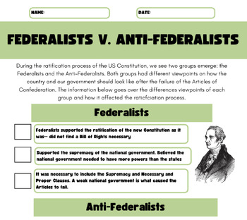 Preview of Federalist v. Anti-Federalist Notes Handout