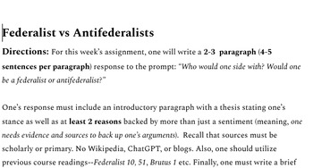 Preview of Federalists vs Anti Federalist Mini Essay w/ Rubric