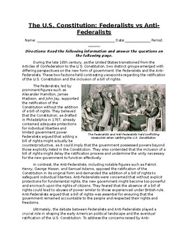 Preview of Federalists vs Anti-Federalists & The US Constitution: Text, Images, & Questions