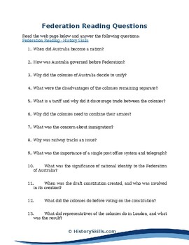 Preview of Federation of Australia Reading Questions Worksheet