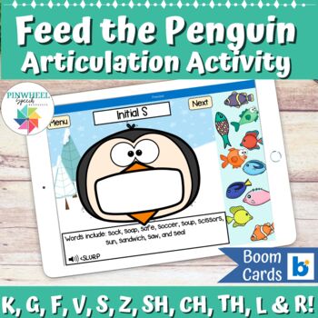 Preview of Feed the Penguin Winter Articulation Boom Cards™ Speech Therapy Activity
