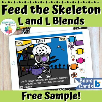 Preview of Feed the Skeleton L & L Blends Articulation Boom Cards™ Halloween Speech Therapy