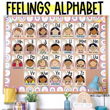 Preview of Feelings Alphabet Line, Boho Rainbow Decor, Bulletin Board for Counseling SEL