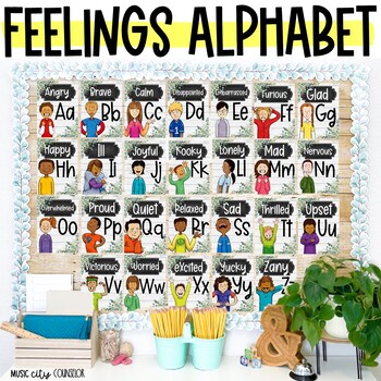 Preview of Feelings Alphabet Line, Farmhouse Decor, Bulletin Board for Counseling SEL