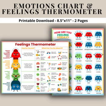Preview of Feelings Chart & Feelings Thermometer Poster - Social Emotional Learning 2pg Set
