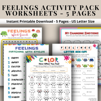 Feelings Emotions 5 Pg Worksheet Activity Pack-Social Emotional ...