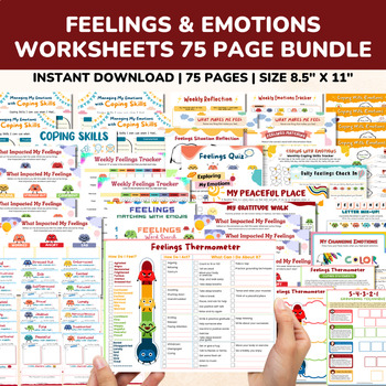 Preview of Feelings & Emotions Worksheets 75pg Bundle-Coping Skills-SEL Charts For Kids-PDF