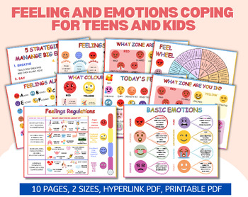 Preview of Feelings Emotions Coping Skills Bundle Set for Teens Kids 10 pgs, Social Emotion