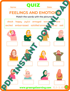 Preview of Feelings & Emotions / ESL QUIZ / Level I / Lesson 12 - (easy to check assesment)