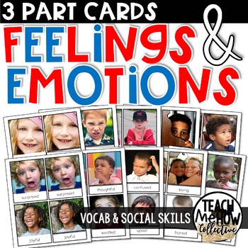 Preview of Emotions and Feelings Flashcards, Real Photo Cards Montessori Style 3 Part Cards