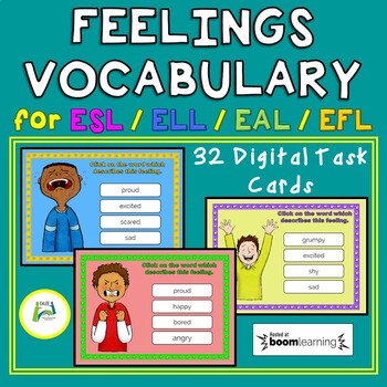 Preview of Feelings Vocabulary Boom Distance Learning Task Cards for ESL EAL ELL ELD EFL