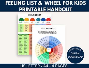 Preview of Feelings Wheel & List Check In-Identifying Emotions Emoji Chart For Kids SEL 2pg