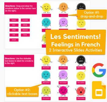 Preview of Feelings in French /  Les Sentiments - drag-drop, labeling activities in Slides