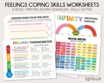 Preview of Feelings thermometer, coping skills worksheets, zones of regulation, mood meter