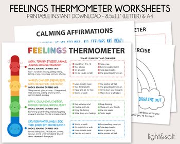 Preview of Feelings thermometer with coping skills worksheets, zones of regulation